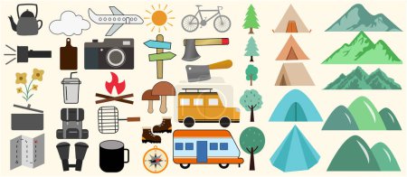 Photo for Set of illustrations of camping, outdoors and travel stock Outdoor hand-drawn line illustration vector design - Royalty Free Image