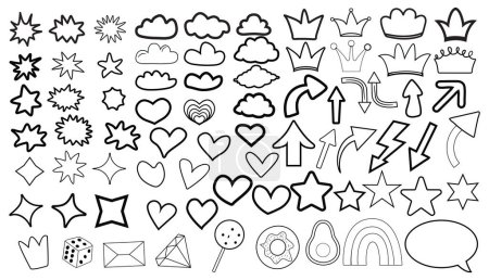 set Collection of colorful doodles bright stickers vector fruits, food,stars,arrows, branches, arrows,isol ated,stock illustration