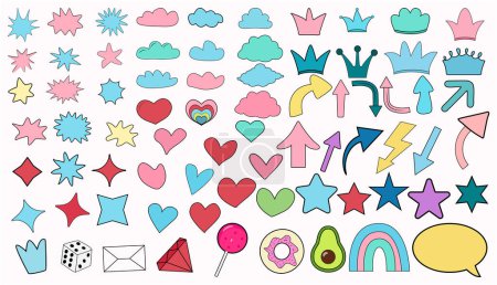 set Collection of colorful doodles bright stickers vector fruits, food,stars,arrows, branches, arrows,isol ated,stock illustration