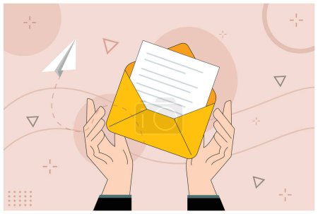 Business concept Vector illustration preparation messaging or postal notification, e-mail marketing, newsletter, email, message. Hand holding envelope design