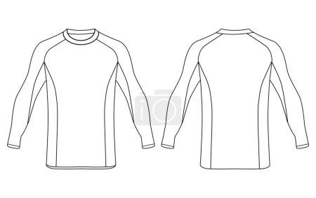 A set of technical drawings of a men's sports sweatshirt and rash guard. Vector template of male rash guard front and back view vector design