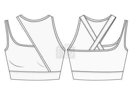 Womens Sport wrap Bra fashion flat sketch template. Sports wear fashion design set illustration . Front and back views