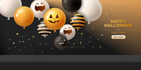 Ilustración de Feliz Halloween 3d vector. elementos mágicos. Calabazas, fantasma. ilustración en estilo plano de la historieta. - Imagen libre de derechos