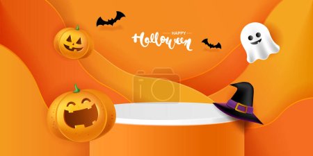 Illustration for Happy Halloween 3d Vector. magic elements. Pumpkins, ghost. illustration in flat cartoon style. - Royalty Free Image