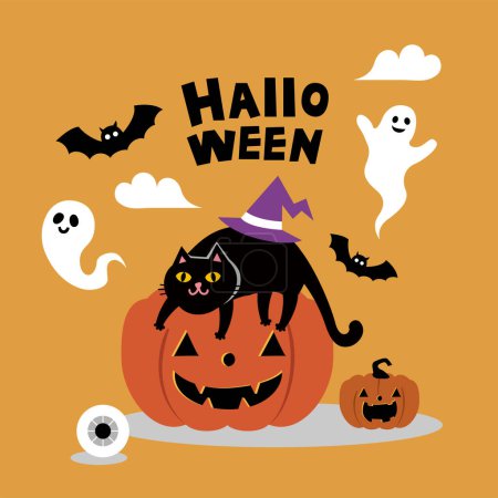 Illustration for Happy Halloween Vector. magic elements. Pumpkins, ghost, skull, black cat. illustration in flat cartoon style. - Royalty Free Image
