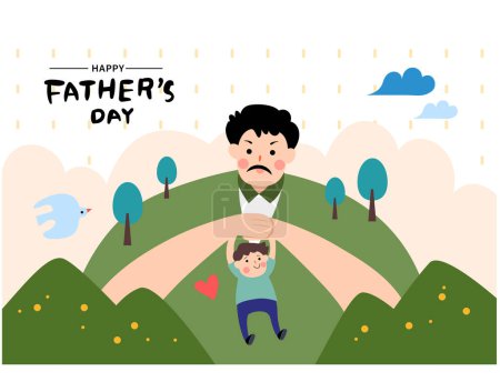 Illustration for Vector illustration of joyous celebration of Happy Father's Day-hand drawn lettering phrase. Super father and child happy together. - Royalty Free Image