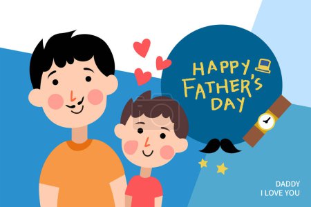 Illustration for Vector illustration of joyous celebration of Happy Father's Day-hand drawn lettering phrase. Super father and child happy together. - Royalty Free Image