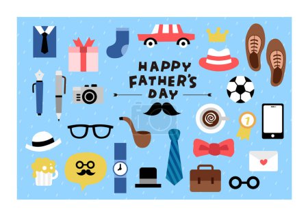 Illustration for Vector illustration of joyous celebration of Happy Father's Day-hand drawn lettering phrase. Dressing with Dad Clothing Accessories Hats Shoes Beards - Royalty Free Image