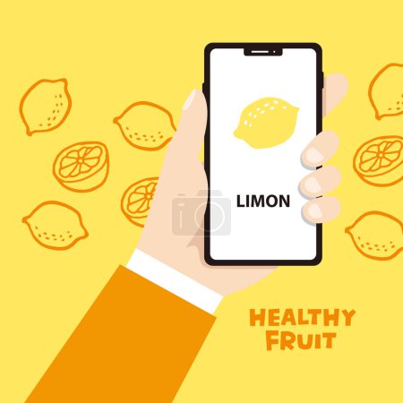 Illustration for Healthy food concept. Arrangement of various banners in the form of lemons for mobile phones. - Royalty Free Image