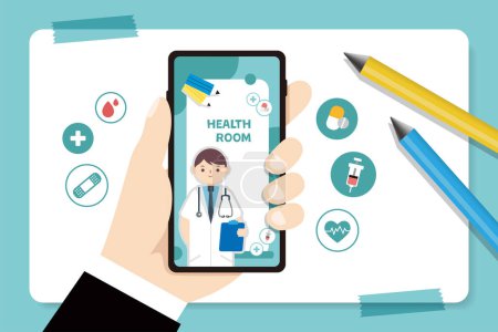 Illustration for Hand holding a mobile phone: the screen shows the doctor's knowledge teaching. Healthcare vector concept. hospital staff care illustration - Royalty Free Image