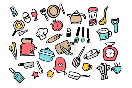 Iconos de línea de cocina. Tiempo de ebullición, sartén y utensilios de cocina. Vector
