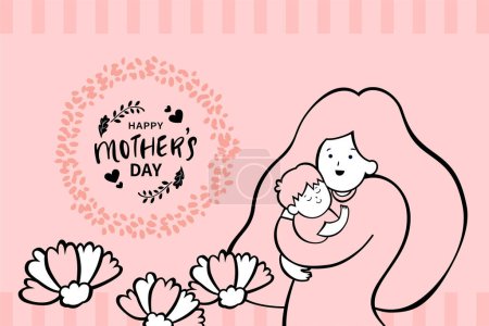 Illustration for Vector illustration of joyous celebration happy mother's day, simple line illustration of mother holding baby - Royalty Free Image