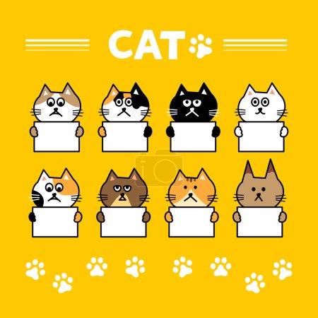 Illustration for Cat head emoji vector. Line illustration of various cats holding blank signs on yellow background. - Royalty Free Image