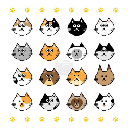 Illustration for Cats heads emoticons vector.Line illustration of various cats on white background. - Royalty Free Image
