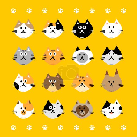 Ilustración de Cabeza de gato vector emoji. Ilustración vectorial de varios gatos sobre fondo amarillo. - Imagen libre de derechos