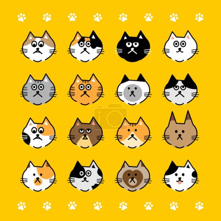 Ilustración de Cabeza de gato vector emoji. Ilustración vectorial de varios gatos sobre fondo amarillo. - Imagen libre de derechos