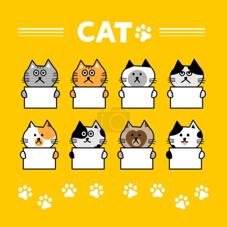 Ilustración de Cabeza de gato vector emoji. Ilustración en línea de varios gatos sosteniendo carteles en blanco sobre fondo amarillo. - Imagen libre de derechos