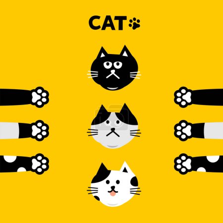 Illustration for Cat head emoji vector. Vector illustration of black-grey cats with paws on a yellow background. - Royalty Free Image