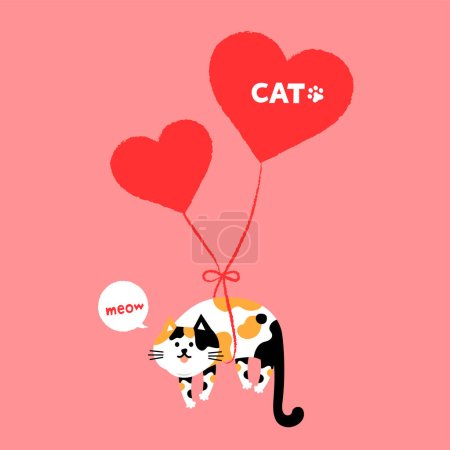 Illustration for Cat head emoji vector. Vector illustration of pet orange cat tied with heart balloons on pink background. - Royalty Free Image