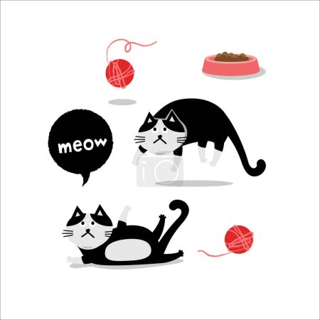 Téléchargez les illustrations : Tête de chat emoji vecteur. Illustration vectorielle du chat noir sautant et couché sur fond blanc. - en licence libre de droit