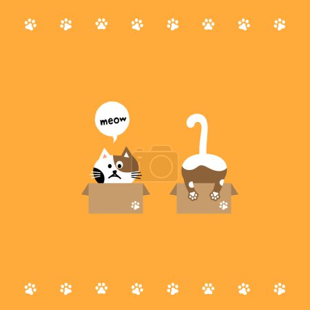 Illustration for Cat head emoji vector. Vector illustration of the front and back of a brown cat sitting in a cardboard box on a yellow background. - Royalty Free Image