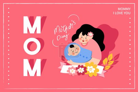 Illustration for Vector illustration of joyous celebration of Happy Mother's Day, mother holding baby surrounded by flowers - Royalty Free Image