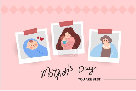 Illustration for Vector illustration of joyous celebration of happy mothers day, mothers day related polaroid photo of mother holding baby - Royalty Free Image