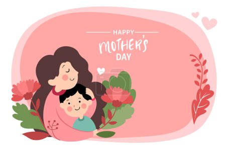 Illustration for Vector illustration of joyous celebration of Happy Mother's Day, mother holding baby surrounded by flowers - Royalty Free Image