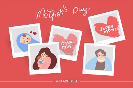 Illustration for Vector illustration of joyous celebration of happy mothers day, mothers day related polaroid photo of mother holding baby - Royalty Free Image
