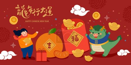 Chinesisches Neujahrsfest des asiatischen Drachen. Chinesischer Text bedeutet Happy Year of the Dragon.