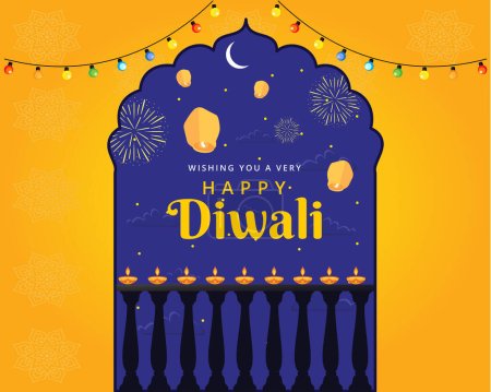Illustration for Diwali Celebration Background Decorated With Oil diya Lamps, lights and Lanterns, firecrackers in night sky happy diwali wishes - Royalty Free Image