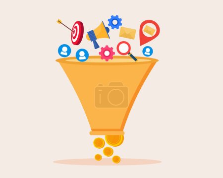 Illustration for Conversion rate generation flow customer and focus profit Funnel generating sales Digital marketing sales funnel. - Royalty Free Image