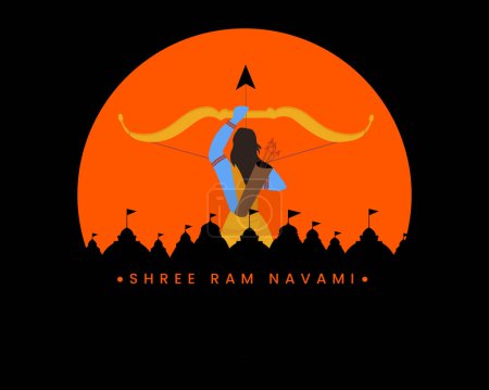 Téléchargez les illustrations : Seigneur Rama avec flèche d'arc avec le texte signifiant Shree Ram Navami célébration pour la fête religieuse de l'Inde - en licence libre de droit