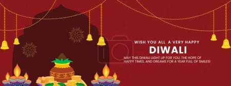 Illustration for Happy Diwali festival of lights banner template design with decorative Diya lamp vector illustration. - Royalty Free Image