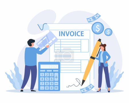 Illustration for Company employee worker with invoice paper reports about VAT, payroll and paid money Online payment and accounting - Royalty Free Image