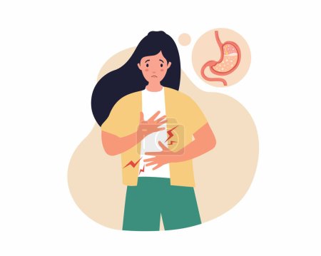 Téléchargez les illustrations : Malade Douleur ressentie par la femme dans l'estomac Reflux acide d'estomac et problème du système digestif. - en licence libre de droit
