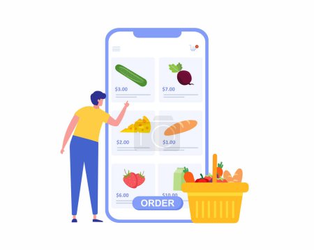 Téléchargez les illustrations : Hommes achetant des produits alimentaires d'épicerie en épicerie concept d'application mobile de commande et livraison épicerie en ligne. - en licence libre de droit