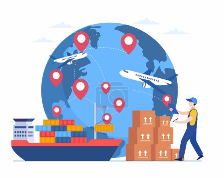 Téléchargez les illustrations : Réseau logistique mondial Camionnage de fret aérien Transport maritime Distribution logistique internationale - en licence libre de droit