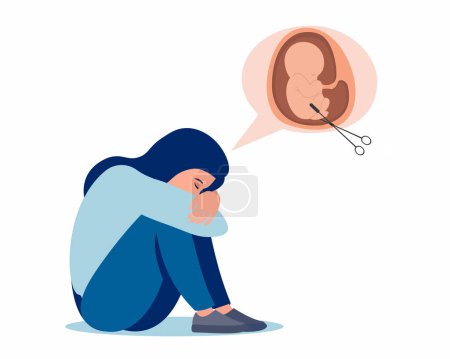 Illustration for Young woman is sitting on floor and crying Miscarriage abortion loss pregnancy vector illustration - Royalty Free Image