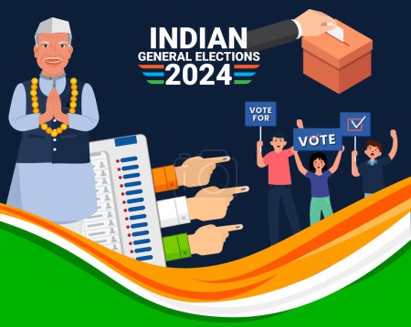 Candidato político indio solicitud de votación Elecciones Generales de la India y personas mostrando el dedo de voto con la máquina de evm Bandera de la India