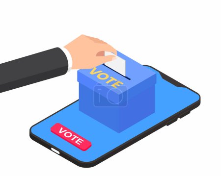 Mano poniendo voto en las urnas elecciones en línea diseño de teléfono isométrico elección y democracia.