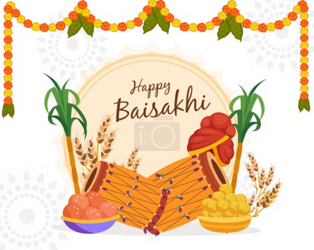 Feliz Baisakhi indio festival celebración elemento indio Punjabi sikh festival creativo cartel o volante diseño.