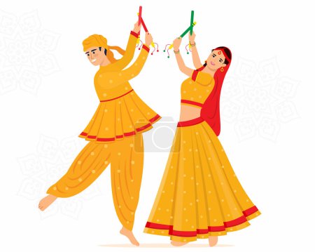 pareja jugando dandiya en garba noche para Navratri dussehra festival de la India vector ilustración