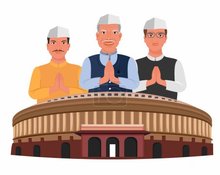 Indischer Politiker kandidiert im Hintergrund-Wahlkampf für indische Parlamentswahl und Parlamentsgebäude