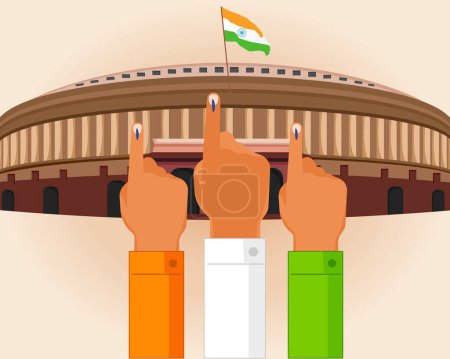 Señal de voto en el punto de tinta del dedo en la uña para votar las elecciones generales indias y el edificio del parlamento