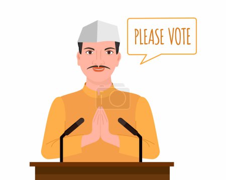 Candidato político indio de pie detrás de la tribuna y dando un discurso para votar Elecciones Generales Indias