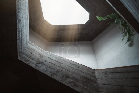 Foto de El tragaluz irradiaba desde una ventana con forma irregular en el techo de una iglesia de estilo arquitectónico contemporáneo y moderno, construida con cemento y hojas de plantas que mostraban en la esquina superior derecha - Imagen libre de derechos