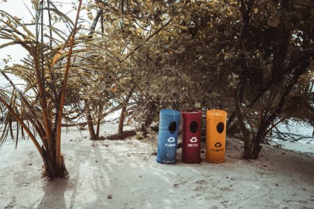 Téléchargez les photos : A view of three cylindrical recycling eco points, plastic in yellow, metal in red, and paper in blue, at a beach in the Maldives island next to tropical trees with foliage of various shapes - en image libre de droit