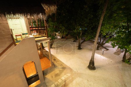 Téléchargez les photos : Top view in long exposure from the veranda of a straw-roofed house to the entrance of the property with sand, palm trees, and trees enriching the landscape in a summer night - en image libre de droit