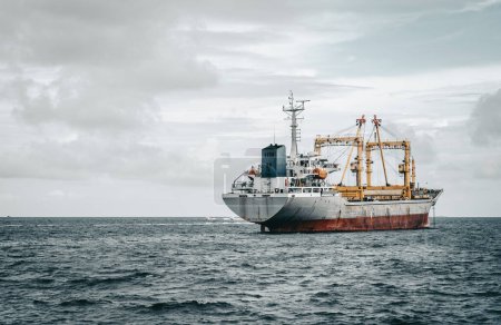 Foto de View from behind of a huge freighter in the ocean with two cargo cranes on it; a big cargo ship in open waters with a copy space place on the left; an overcast skyscape in the background - Imagen libre de derechos